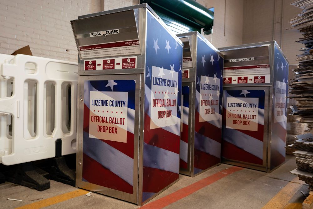 Luzerne County's ballot drop boxes are seen in the county's warehouse in Wilkes-Barre, Pa., Wednesday, Sept. 13, 2023. 