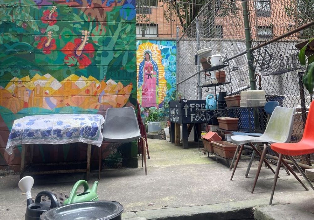 The communal backyard of the Catholic Worker's Maryhouse in New York City (