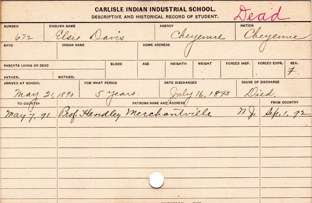 Student card of Elsie Davis, a member of the Cheyenne Nation, who entered the Carlisle Indian Industrial School on May 21, 1890, and died on July 16, 1893. 