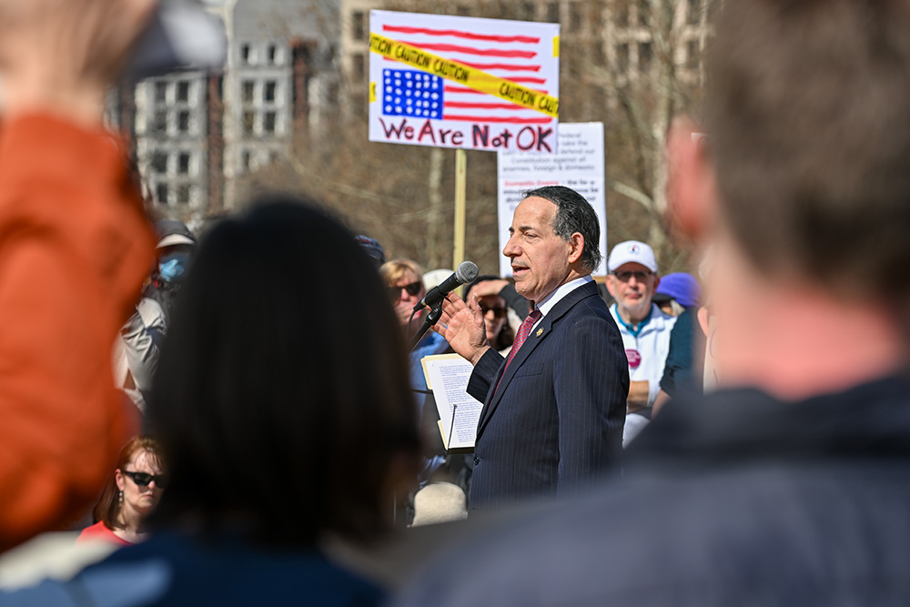 Rep. Jamie Raskin speaks at the Shut Down the Coup Rally held March 10, 2025, on the West Lawn of the United States Capitol Building in Washington, D.C. (Wikimedia Commons/G. Edward Johnson)