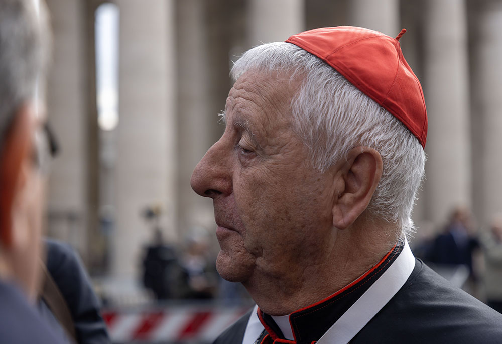 Cardinal Giuseppe Versaldi arrives to attend a general congregation meeting of the College of Cardinals in the New Synod Hall at the Vatican April 28, 2025. The 81-year-old Italian cardinal had been prefect of the former Congregation for Catholic Education. (CNS/Pablo Esparza)