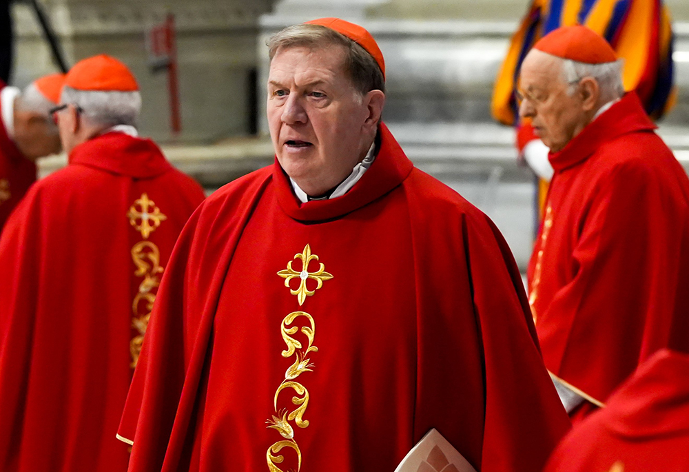 Cardinal Joseph W. Tobin of Newark, New Jersey, processes at the beginning of the Mass on the fifth day of the "novendiali," nine days of mourning for Pope Francis, in St. Peter’s Basilica at the Vatican April 30, 2025. (CNS/Lola Gomez)