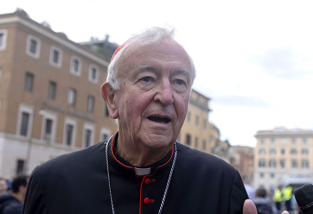 Cardinal Vincent Nichols of Westminster, England, approaches the Petriano entrance to the Vatican next to St. Peter's Square to attend the fifth general congregation meeting of cardinals April 28, 2025. (CNS/Pablo Esparza)