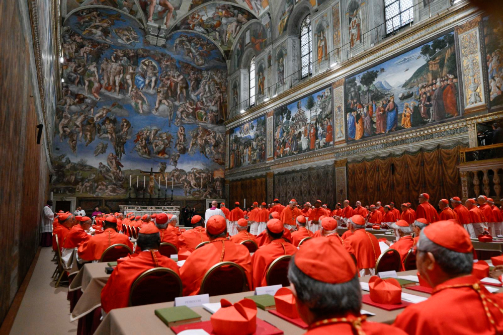 The cardinals gather in the Sistine Chapel at the Vatican May 7, 2025, for the start of the conclave to elect a new pope. (CNS/Vatican Media)