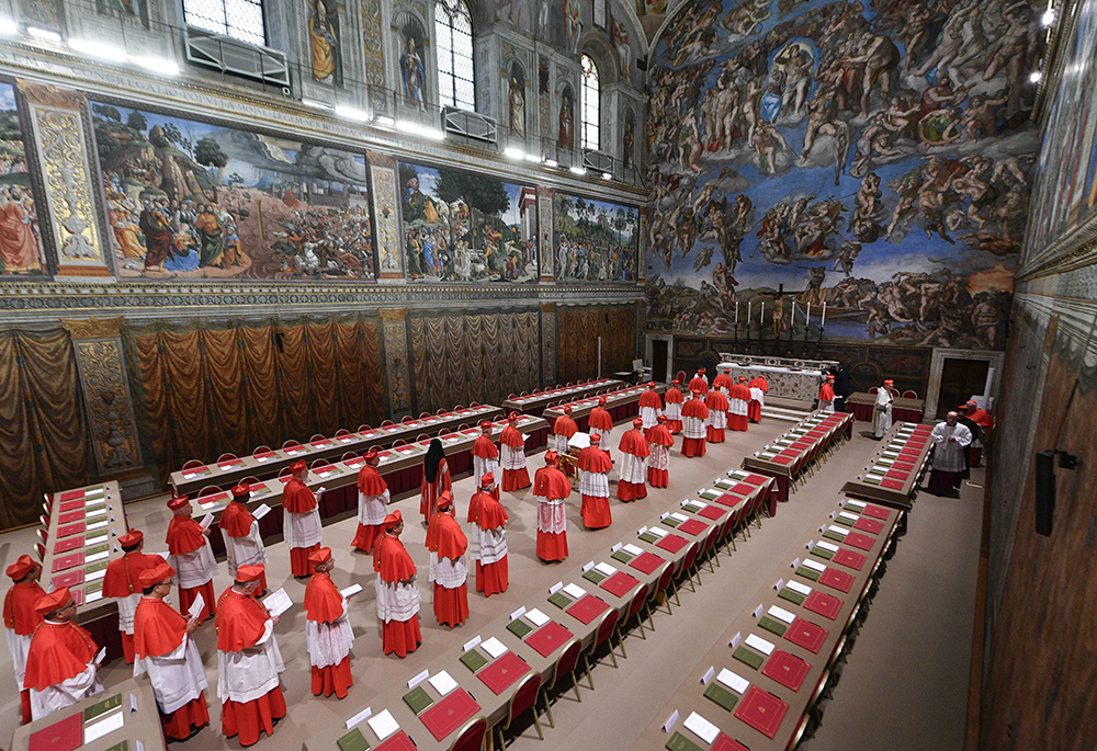 Cardinals process into the Sistine Chapel at the Vatican May 7, 2025, at the start of the conclave to elect a new pope. (CNS photo/Vatican Media)