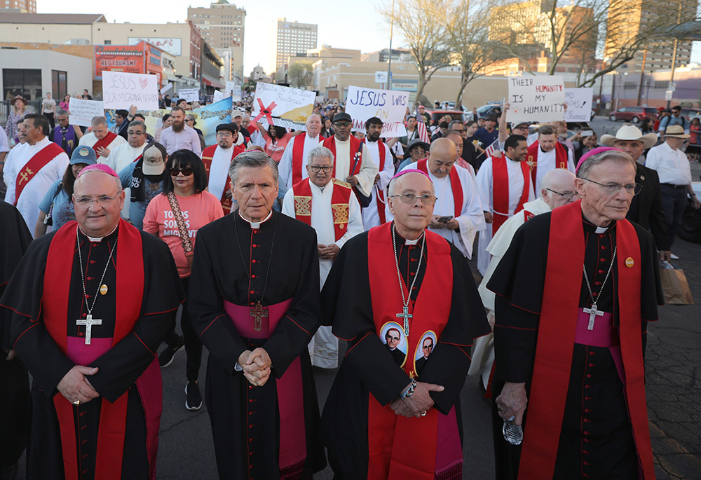 Archbishop John C. Wester of Santa Fe, New Mexico, right, takes part in a demonstration in El Paso, Texas, against mass deportation alongside Bishop Peter Baldacchino of Las Cruces, New Mexico; Archbishop Gustavo García-Siller of San Antonio and Bishop Mark J. Seitz of El Paso. (OSV News/Bob Roller)