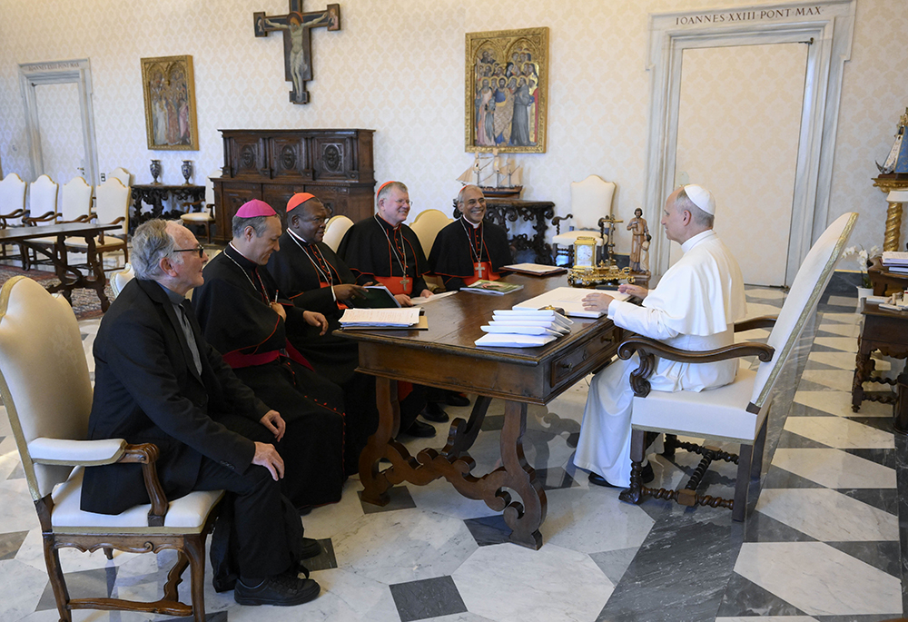 Pope Leo XIV meets with the heads of several bishops' conferences July 1, 2025, at the Vatican. From left are Indian Cardinal Filipe Neri Ferrão, president of the Federation of Asian bishops' conferences; Brazilian Cardinal Jaime Spengler of Porto Alegre, president of the Latin American bishops' council, known as CELAM; and Congolese Cardinal Fridolin Ambongo Besungu of Kinshasa, president of the Symposium of Episcopal Conferences of Africa and Madagascar, or SECAM; and other prelates. (OSV News)