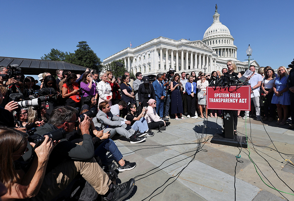 Anouska De Georgiou speaks during a press conference to discuss the Epstein Files Transparency Act, directing the release of the remaining files related to the investigations into Jeffrey Epstein and Ghislaine Maxwell, on Capitol Hill in Washington, Sept. 3, 2025. (OSV News/Reuters/Jonathan Ernst)