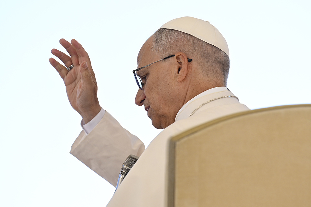 Pope Leo XIV gives his blessing at the end of an audience for the Jubilee of Migrants and the Jubilee of the Missions Oct. 4, 2025, in St. Peter's Square at the Vatican. (CNS/Vatican Media)