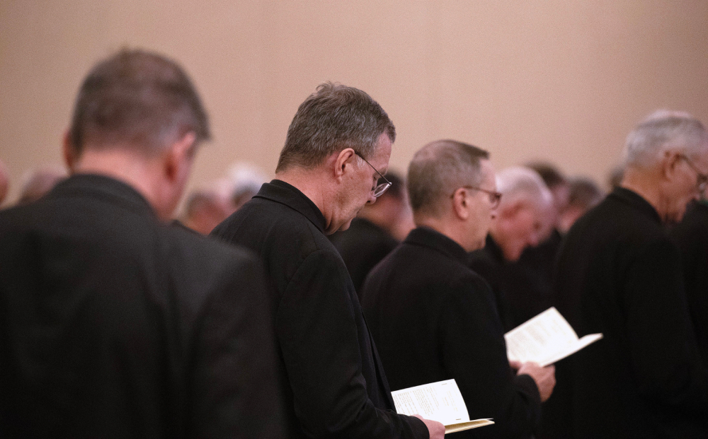 Bishops pray June 13, 2024, at the U.S. Conference of Catholic Bishops' spring plenary assembly in Louisville, Ky. (OSV News/Bob Roller)