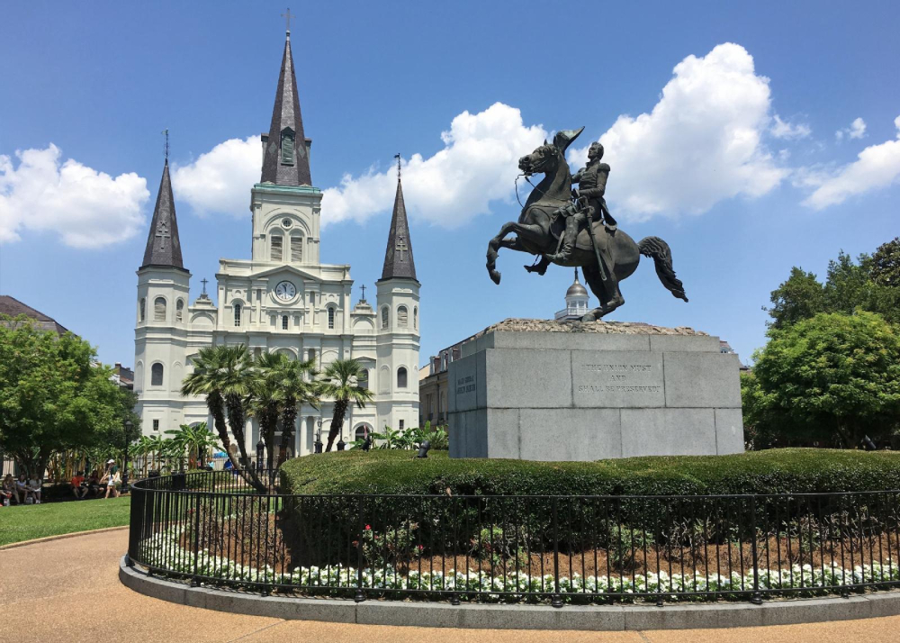 St. Louis Cathedral and a statue of Andrew Jackson are seen June 3, 2019, in New Orleans. The Archdiocese of New Orleans said in a court filing Oct. 30, 2025, that its $230 million bankruptcy settlement was approved by 99.63% of sexual abuse victims and other creditors in advance of a midnight deadline that same day. (OSV News/Gregory A. Shemitz)