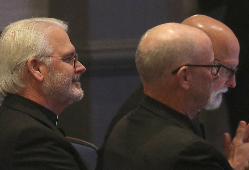 Archbishop Paul S. Coakley of Oklahoma City, smiles moments after being elected president of the U.S. Conference of Catholic Bishops during a Nov. 11, 2025, session of the fall general assembly of the USCCB in Baltimore. His three-year term begins at the close of the Nov. 11-13 plenary. (OSV News/Bob Roller)