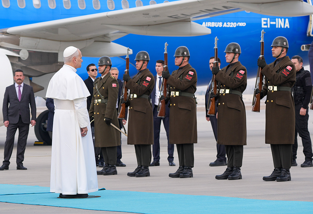 Pope Leo XIV arrives by plane from Rome in Ankara, Turkey, Nov. 27, 2025, at the beginning of his first international papal trip. (CNS/Lola Gomez)