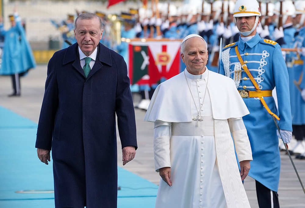 Pope Leo XIV is welcomed to the presidential palace in Ankara, Turkey, by Turkish President Recep Tayyip Erdogan Nov. 27, 2025, the first stop on Pope Leo's first foreign papal trip. (CNS/Lola Gomez)