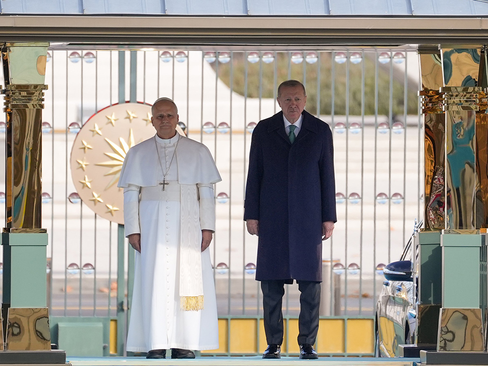 Pope Leo XIV is welcomed to the presidential palace in Ankara, Turkey, by Turkish President Recep Tayyip Erdogan Nov. 27, 2025, the first stop on Pope Leo's first foreign papal trip. (CNS/Lola Gomez)