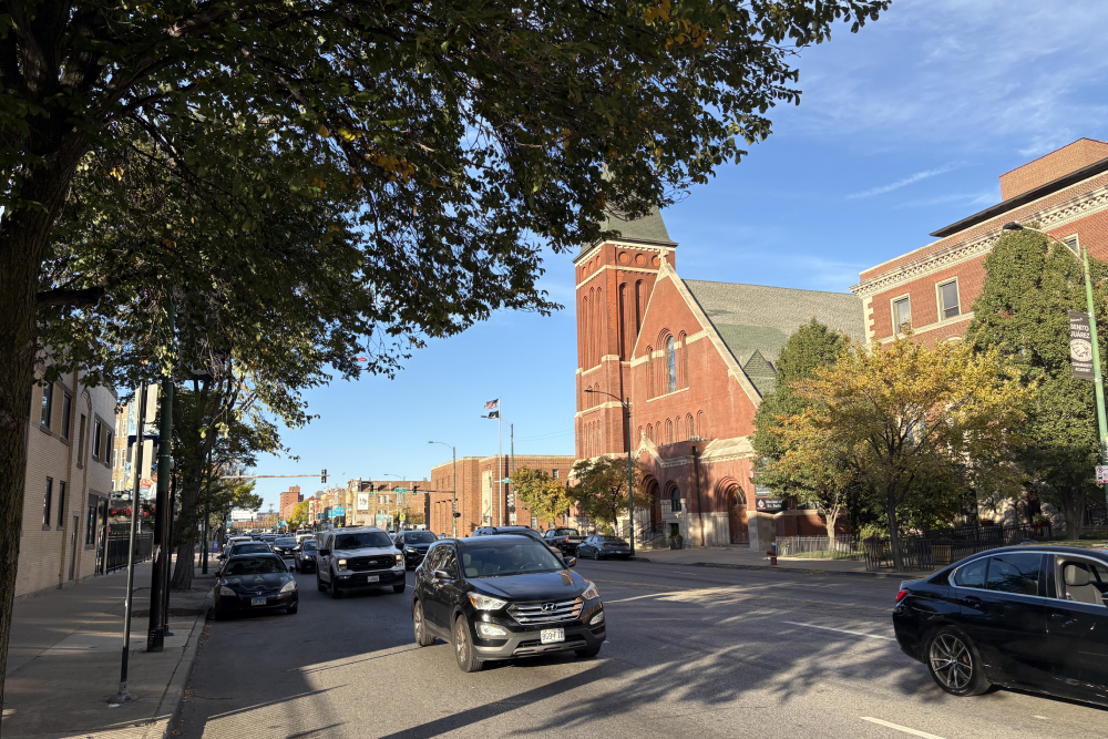 A view of St. Pius V on Ashland Avenue in Pilsen, Chicago, the Mexican neighborhood where Dominican Frs. Brendan Curran and Charles Dahm both serve. (NCR photo/Camillo Barone)