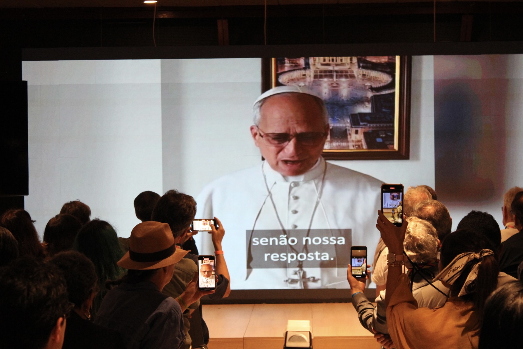 Pope Leo XIV delivers a video message to a gathering at the Amazonian Museum of Belem on Nov. 17 during the COP30 United Nations climate change conference. (Paulo Augusto)
