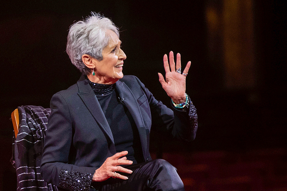 Singer-songwriter and activist Joan Baez sings a song during the 43nd Annual Kennedy Center Honors at the Kennedy Center on May 21, 2021, in Washington. (AP/Kevin Wolf)