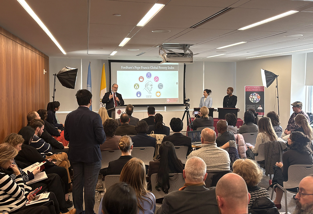 Henry Schwalbenberg, director at the Graduate Program in International Political Economy and Development at Fordham University, presents the 2025 Fordham's Pope Francis Global Poverty Report at the Church Center for the United Nations in New York, Nov. 14. (NCR photo/Camillo Barone)
