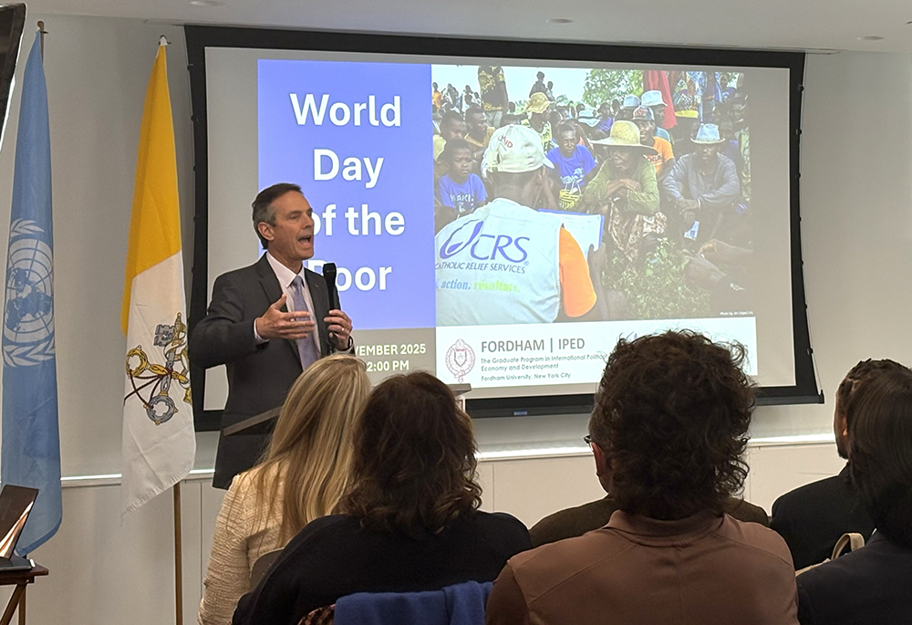 Sean Callahan, CEO of Catholic Relief Services, speaks at an event for the 2025 Fordham Pope Francis Global Poverty Report at the Church Center for the United Nations in New York, Nov. 14, 2025. The event commemorated World Day of the Poor, which is celebrated Nov. 16. (NCR photo/Camillo Barone)