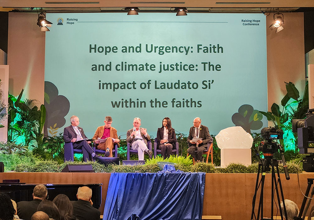 Caritas Internationalis secretary-general Alistair Dutton, second from left, takes part in a panel discussion Oct. 2, 2025, during the "Raising Hope for Climate Justice" conference in Castel Gandolfo, Italy. The three-day event commemorated the 10-year anniversary of Pope Francis' encyclical "Laudato Si', on Care for Our Common Home." (NCR photo/Brian Roewe)