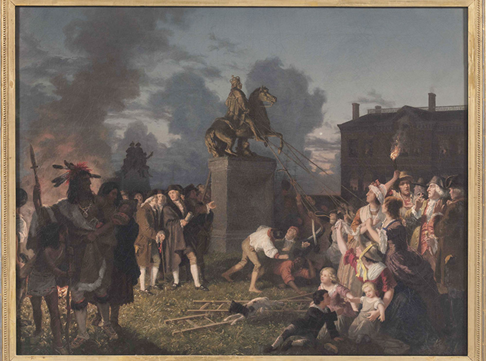 "Pulling down the statue of King George III, New York City," painting by Johannes Adam Simon Oertel, ca. 1852-1853. (The New York Historical/PBS)
