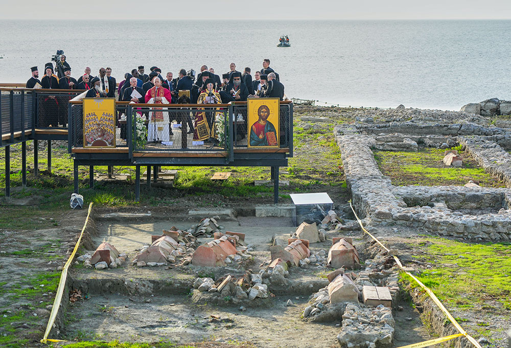 Pope Leo XIV and Ecumenical Patriarch Bartholomew lead a prayer service near the archaeological excavations of the ancient Basilica of St. Neophytos in Iznik, Turkey, Nov. 28, 2025. (AP/Domenico Stinellis)