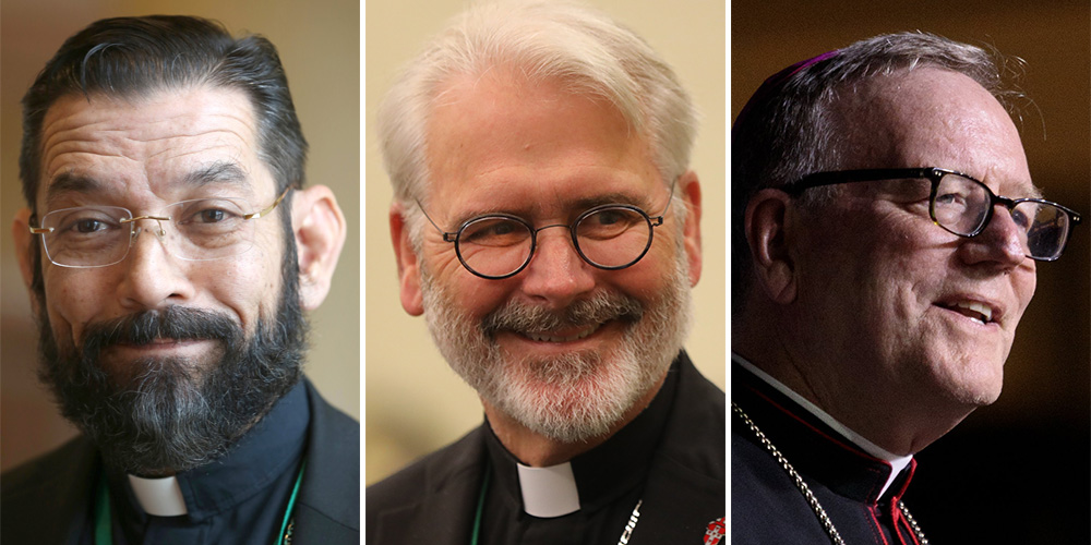 From left: Bishop Daniel Flores of Brownsville, Texas (OSV News/CNS file/Bob Roller); Archbishop Paul Coakley of Oklahoma City (OSV News/Bob Roller); Bishop Robert Barron of Winona-Rochester, Minn. (OSV News/Courtney Meyer)