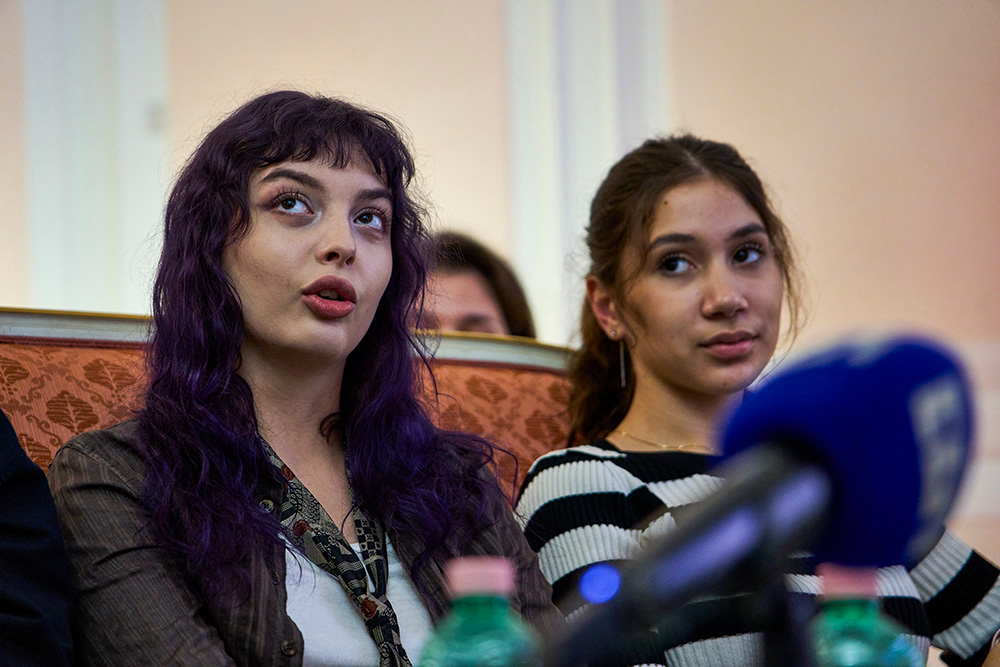 Marta Hlazkova, left, and Veronika Vlasova attend a press conference on the return of Ukrainian children and civilians taken by Russia during the three-and-a-half-year war, at the Embassy of Ukraine in Italy, in Rome Nov. 19, 2025. (AP/Domenico Stinellis)