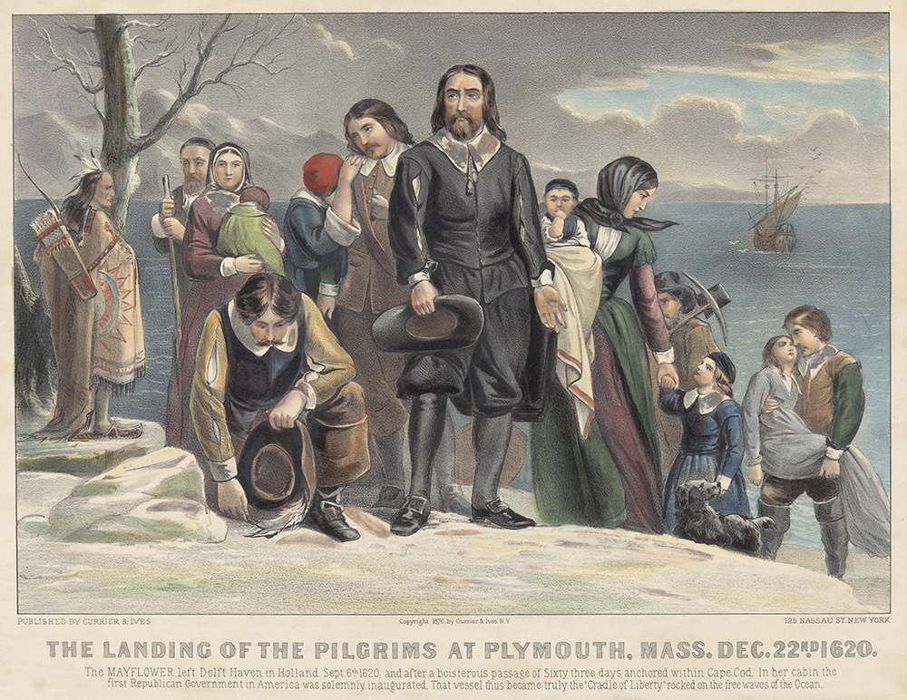 A late-1800s depiction of the Plymouth landing, published by the printmaking business Currier and Ives. (Mabel Brady Garvan Collection/Yale University Art Gallery)