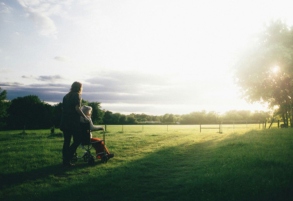 A person pushes an older woman in a wheelchair in a grassy field, with the sun shining upon them, in an outside setting. (Unsplash/Dominik Lange)