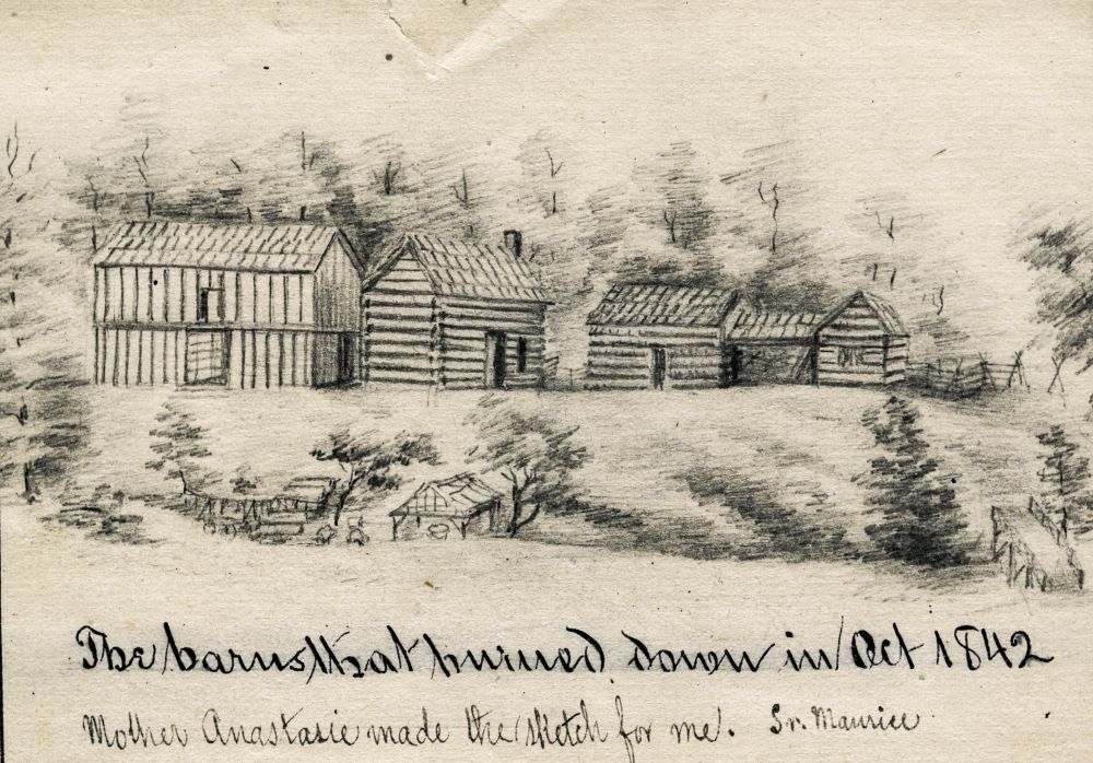Un boceto a lápiz de la madre Anastasie Brown muestra los terrenos de las Hermanas de la Providencia de St. Mary-of-the-Woods, Indiana [Estados Unidos], en 1842. Las anotaciones de la Jna. Maurice Schnell aparecen en el boceto, que forma parte de un libro encuadernado de dibujos fechado entre 1842 y 1889. El granero y la casa contigua de la comunidad se incendiaron el 2 de octubre de 1842. (Foto: Wikimedia Commons/Dominio público/Archivos de las Hermanas de la Providencia de St. Mary-of-the-Woods/Anastasie 