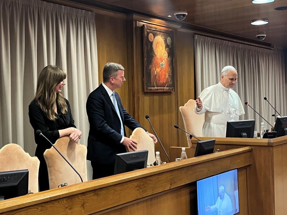 Pope Leo XIV introduces Chesley Turner (left), the director of the Center for Church Management at Villanova University, and Matthew Manion, the Grenon Family Faculty Director of the center, to the new American bishops in Rome on Sept. 11 at the Vatican. (Courtesy of Charles Cognata)