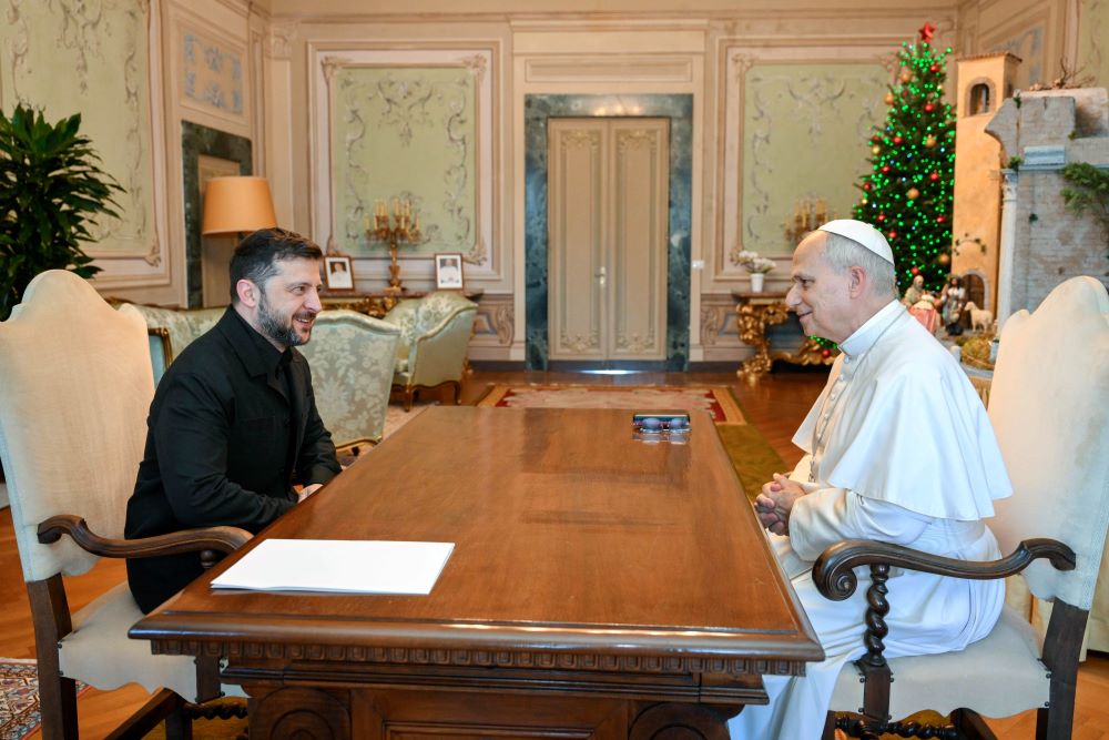 Ukrainian President Volodymyr Zelenskyy greets Pope Leo XIV during a meeting at the papal residence in Castel Gandolfo Dec. 9. (CNS/Vatican Media)