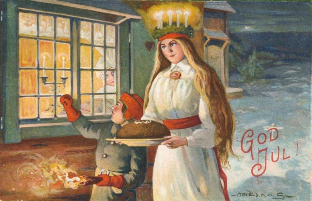 post card image of St. Lucy, with crown of candles and carrying a plate with pastry