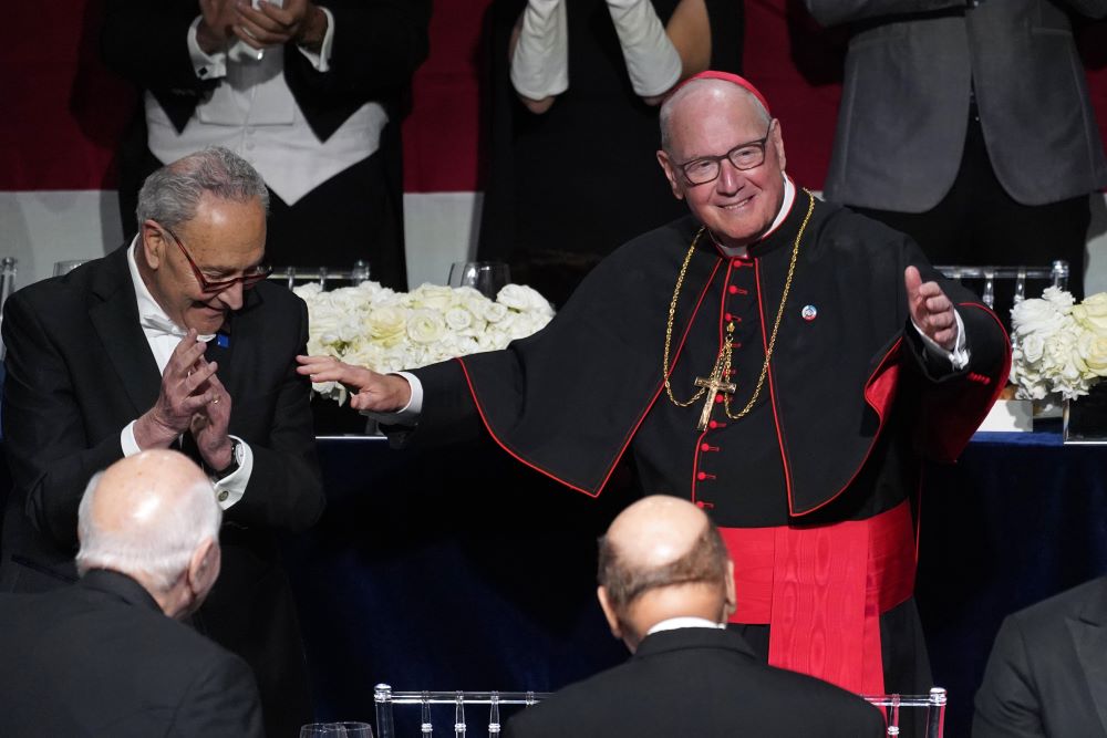 New York Cardinal Timothy Dolan waves as he arrives for the 79th annual Alfred E. Smith Memorial Foundation Dinner in New York City Oct. 17, 2024. 