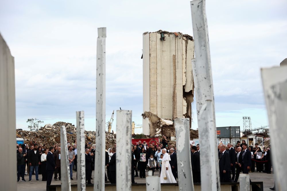Pope Leo XIV visits the site of the August 2020 Beirut port blast.