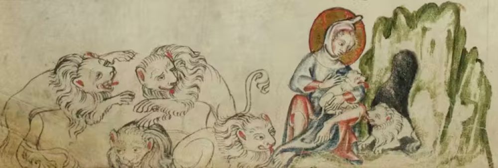 A 14th-century manuscript, the "Klosterneuburger Evangelienwerk," shows the young Jesus playing with lions. 