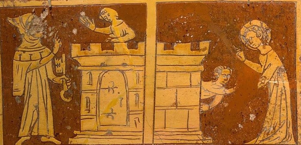 One section of the Tring Tiles, created in the 14th century, shows Jesus removing his friend from a tower.