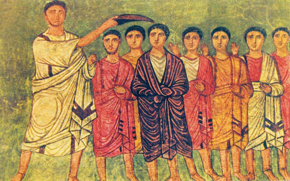 Artwork: David, center wearing purple, is anointed king by Samuel. Image from the Dura Europos Synagogue, Syria, 3rd century CE