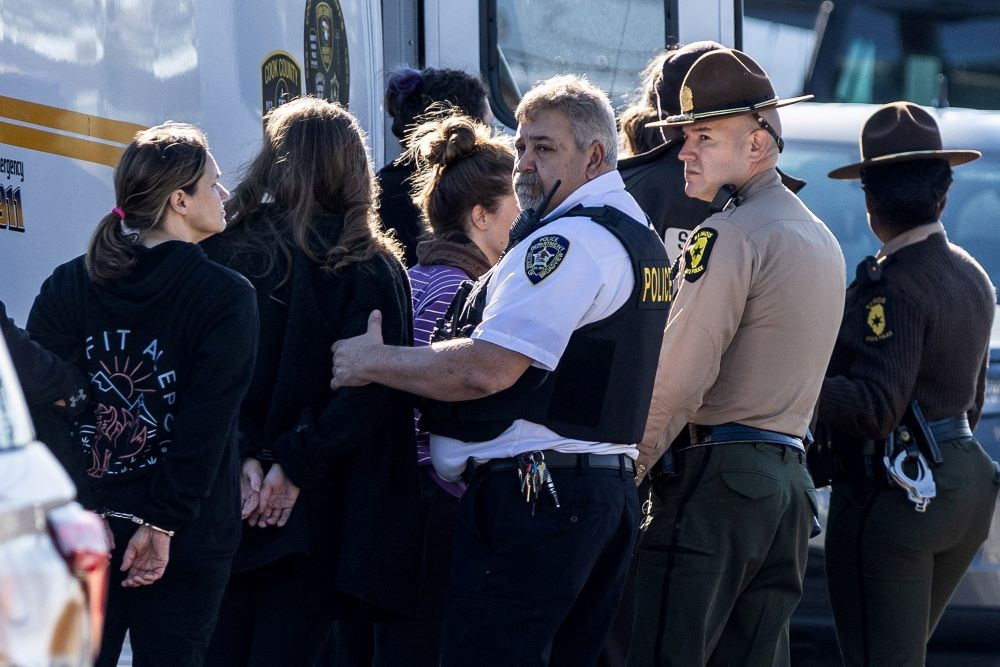Officers from the Illinois State Police and the Broadview Police Department detain demonstrators during a protest against immigration actions outside the Broadview ICE facility in suburban Chicago Nov. 7. 