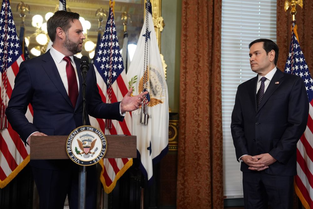 Vice President JD Vance speaks before swearing in Secretary of State Marco Rubio, right, in the Vice Presidential Ceremonial Office in the Eisenhower Executive Office Building on the White House campus Jan. 21 in Washington. 
