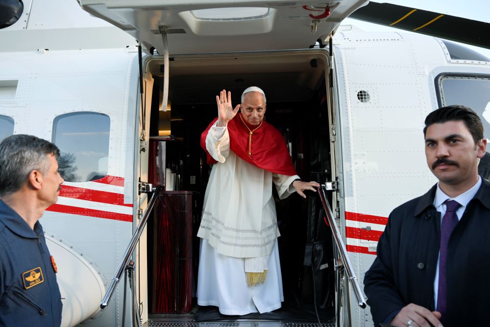 Pope Leo XIV waves from a Turkish government helicopter when he lands in Iznik, site of the ancient city of Nicaea, Nov. 28, for an ecumenical prayer service commemorating the 1,700th anniversary of the Council of Nicaea. (CNS/Vatican Media)