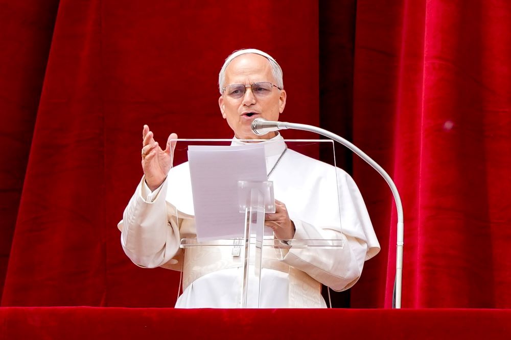 Pope Leo XIV leads the midday Regina Coeli prayer for the first time from the central balcony of St. Peter's Basilica in the Vatican on May 11, four days after being elected pope. 