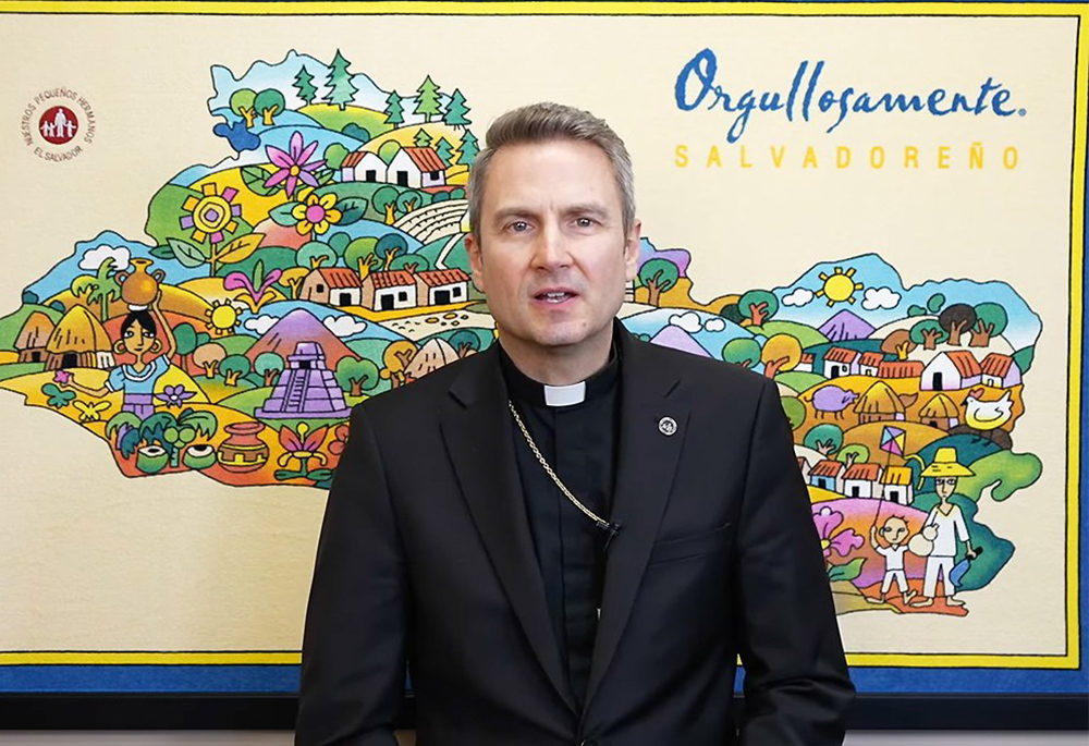 Bishop Ronald A. Hicks of Joliet, Illinois, honors St. Oscar Romero on his feast March 24, 2022, in a YouTube video in English and Spanish. (CNS screen grab/YouTube/Diocese of Joliet)