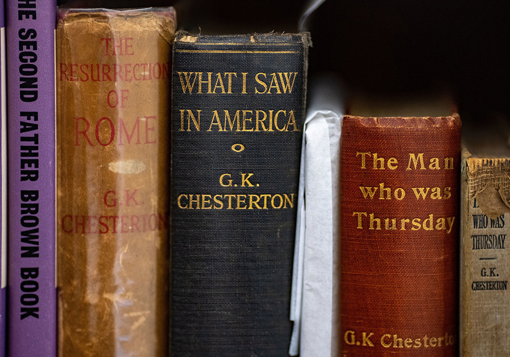 Books by Catholic writer G.K. Chesterton are seen in the Chesterton Archive housed at the University of Notre Dame's London Global Gateway in England Oct. 26, 2022. (CNS/University of Notre Dame/Matt Cashore)