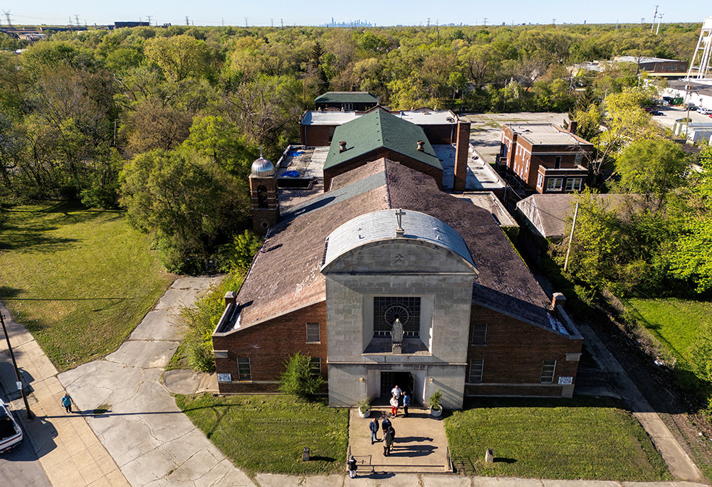A drone view May 9, 2025, shows St. Mary of the Assumption Church at the very southern edge of Chicago, where Pope Leo XIV attended Mass with his family while he was growing up. The church, vacant since 2011, is now in the planning stages for a possible community center, workers' training program and place of worship for area church congregations. (OSV News/Reuters/Carlos Osorio)