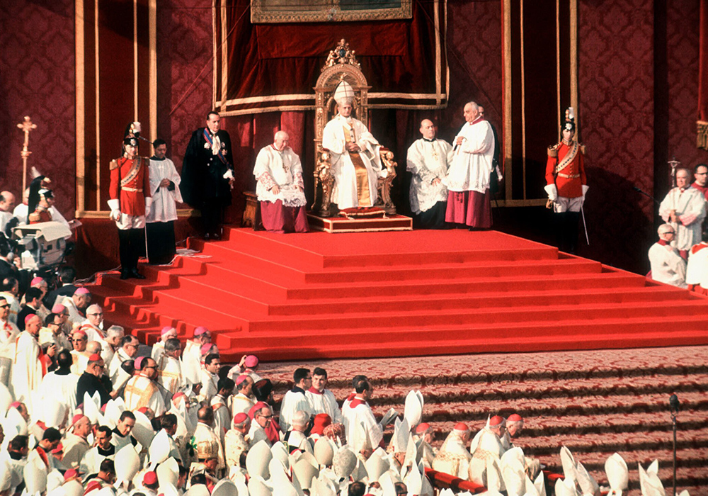 Pope Paul VI sits in the "cathedra" or bishop's chair during the Second Vatican Council in July 1965 in St. Peter's Square at the Vatican. (OSV News/KNA/Ernst Herb)