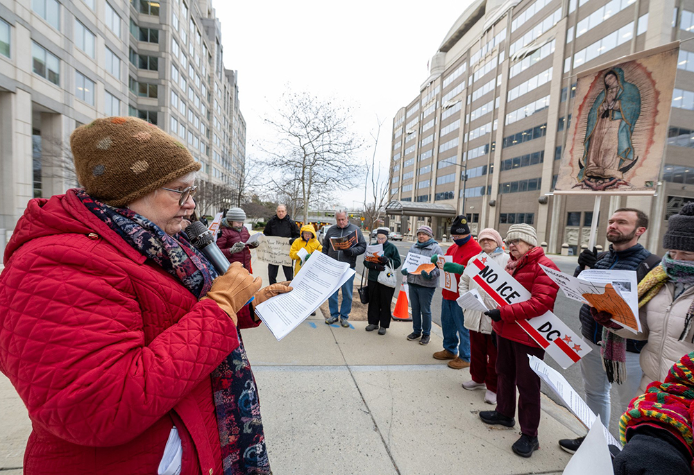 Sr. Bridget Bearss, a sister of the Society of the Sacred Heart, of the Leadership Conference of Women Religious, leads a prayer vigil outside the U.S. Customs and Immigration Enforcement headquarters in Washington Dec. 12, 2025. The vigil, arranged by Pax Christi USA, was held on the feast of Our Lady of Guadalupe to honor the patroness of the Americas and show support for "our immigrant brothers and sisters," organizers said. (OSV News/Leslie E. Kossoff)