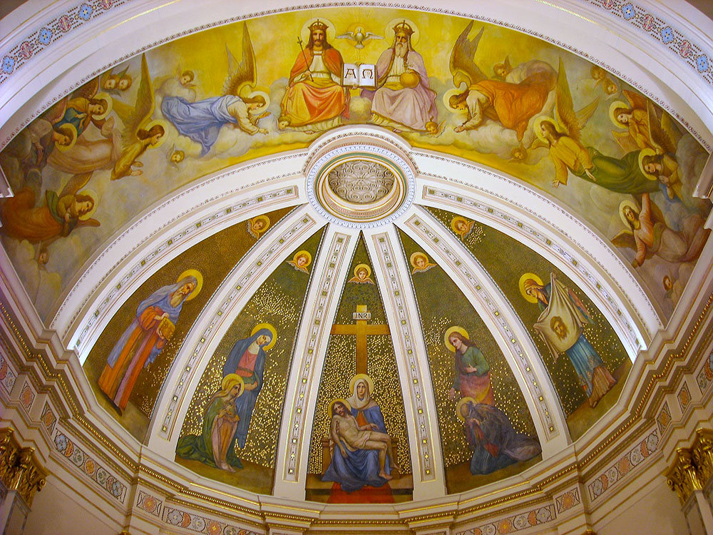Frescoes are seen in a 2009 photo of the interior dome of Mater Dolorosa Church on Carrollton Avenue in New Orleans. (Wikimedia Commons/Charlie Brenner)